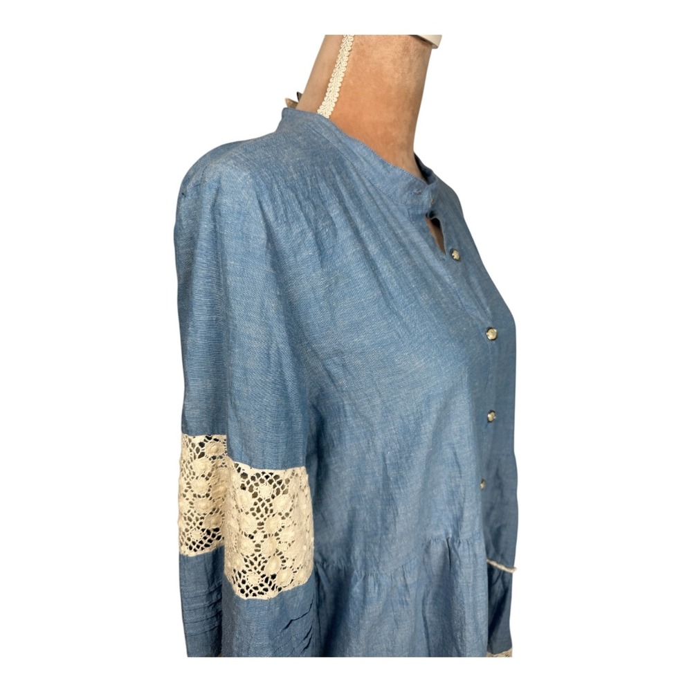 Johnny Was Laguna Pieced Dress Sz Lg Blue Chambray Tunic Lace Trim Bohemian Fall - Picture 7 of 16